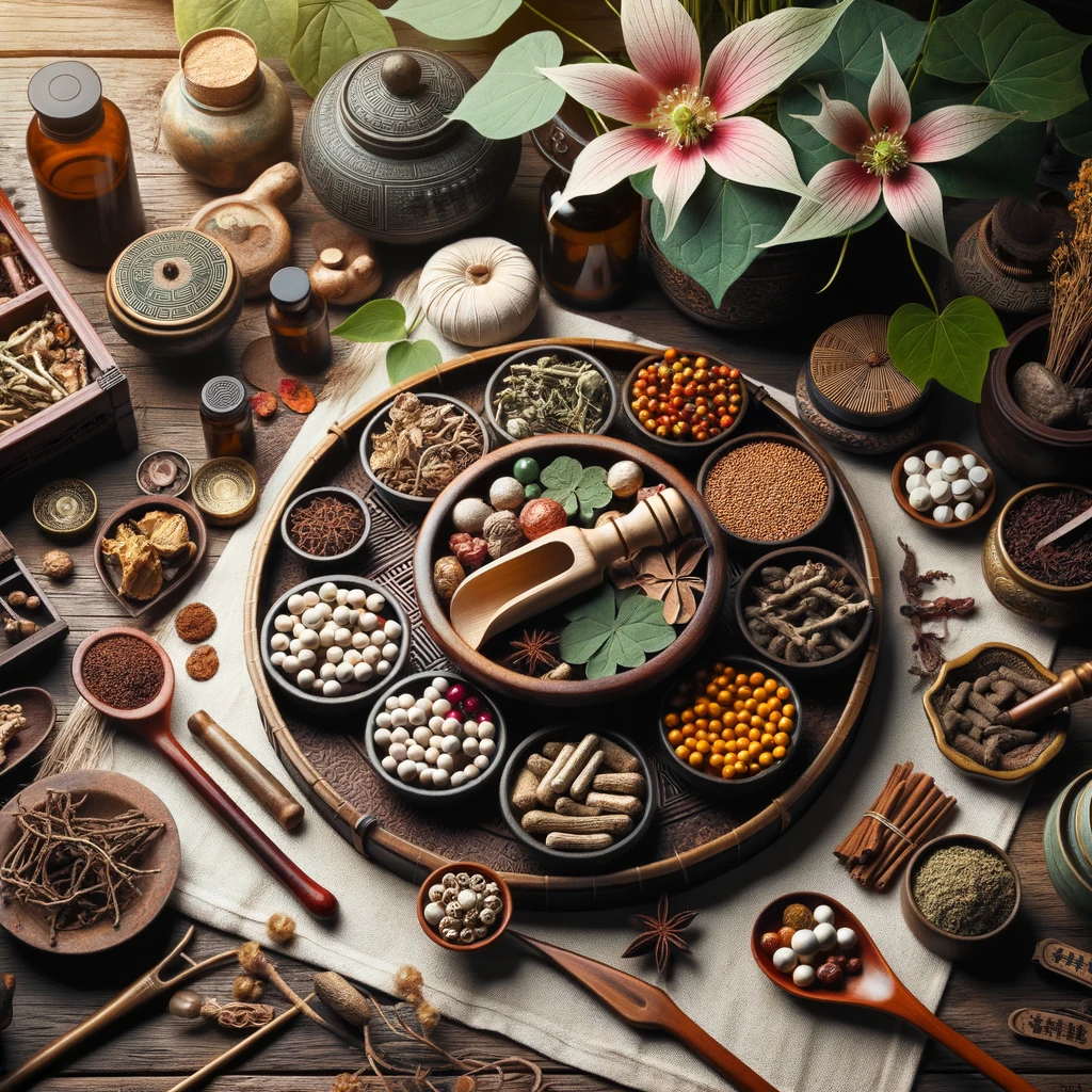 DALL·E 2023-10-21 15.33.50 - Photo of a traditional Chinese medicine setup with various herbs and tools, highlighting the ancient practice of using Epimedium